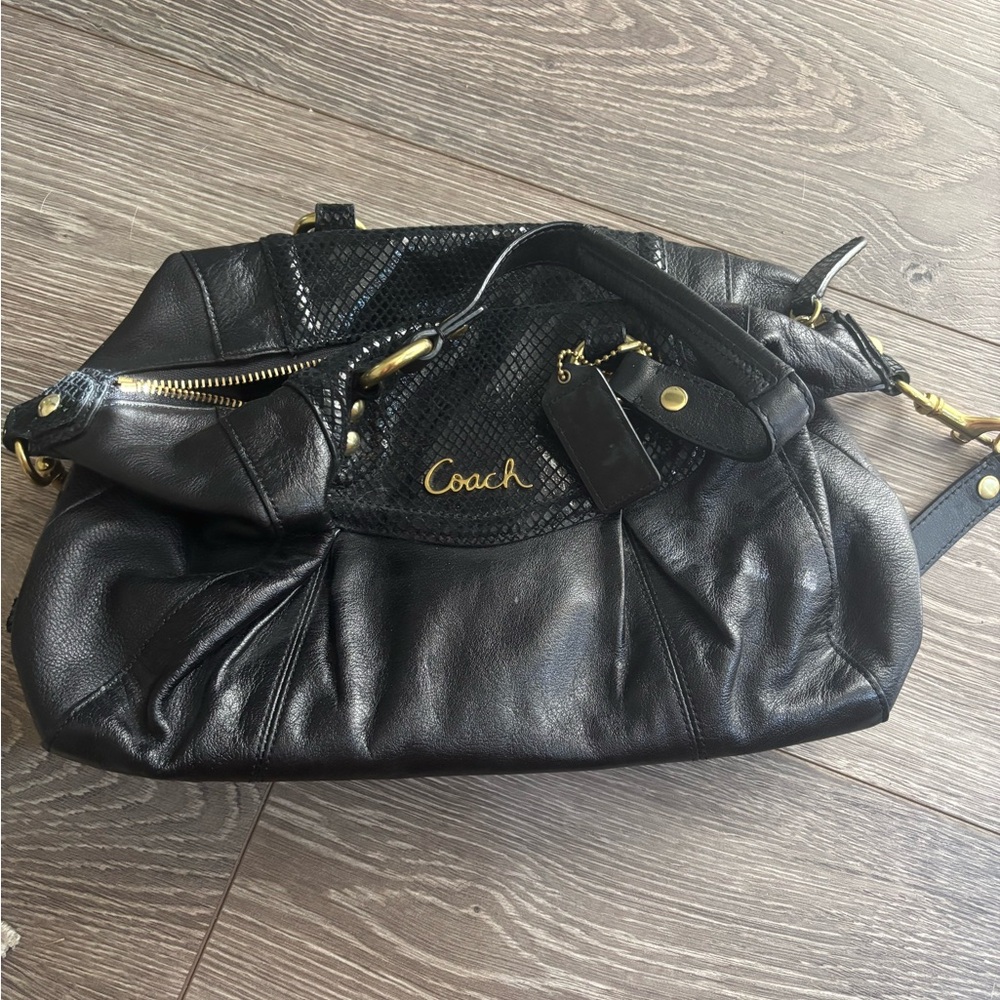 Coach Black Leather Shoulder Bag with Gold Accents